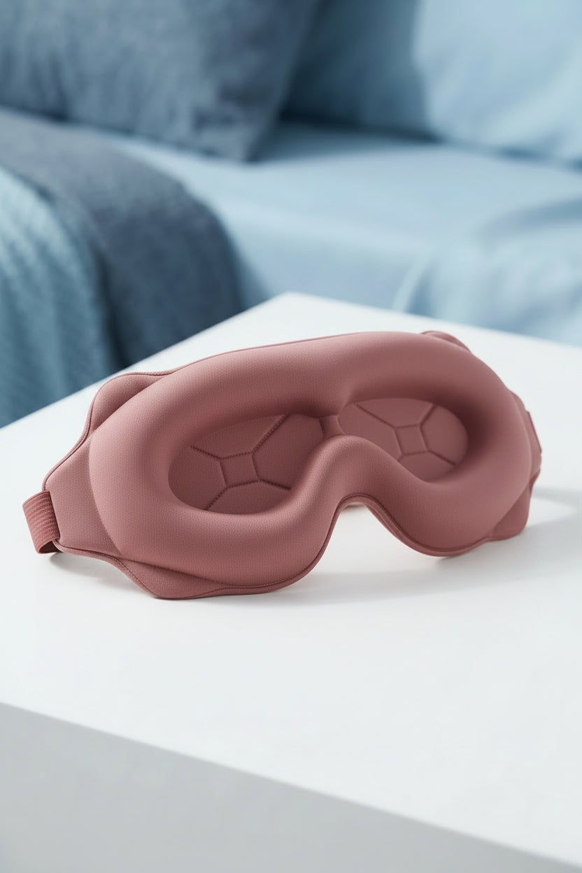A black 3D contoured sleep mask resting on a white surface with soft blue fabric accents in the background.
